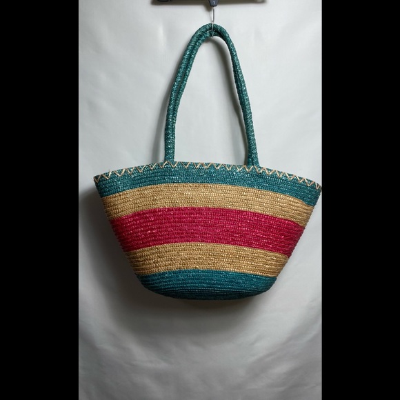 Beach Bag Wheat straw Green/Pink Hobo Hippie Boho - Picture 2 of 3